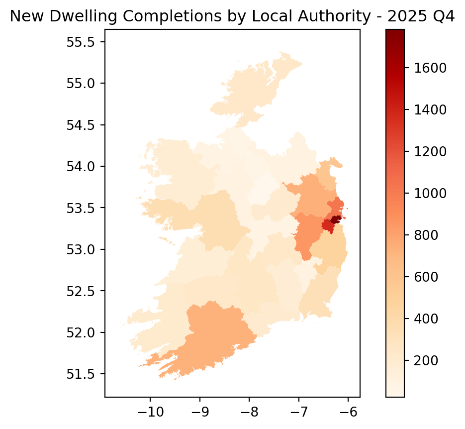 Chloropleth map of Ireland showing total new dwelling completions per Local Authority (County Council) for 2025 Q4.